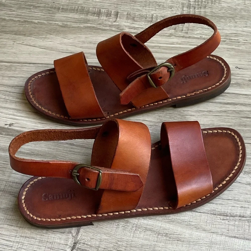 Samuji Leather 2 Strap Sandal W/Heel Strap Adjustable Buckle Closure Brown SZ 6